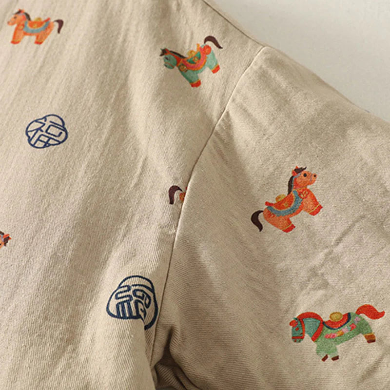 Buddha Stones Horse Fu Character Pattern Frog-Button Design Women's Long Sleeve Thickened Jacket