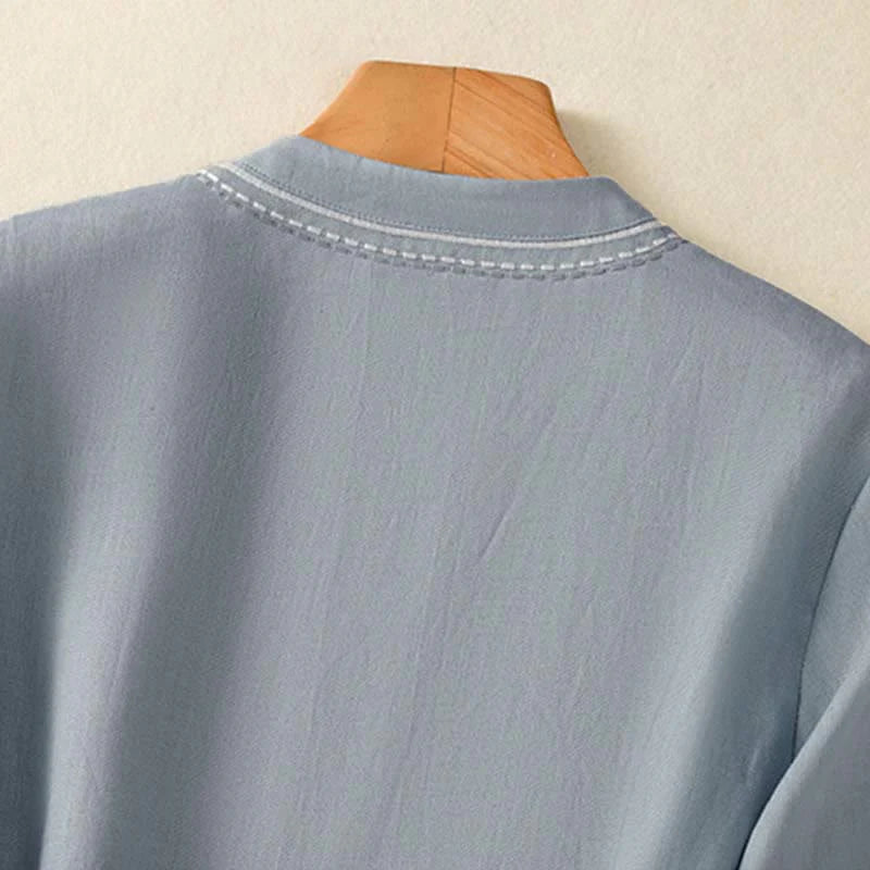 Buddha Stones Summer Stand Collar Short Sleeve Plain Women's  Frog-Button Cotton Shirt With Pocket