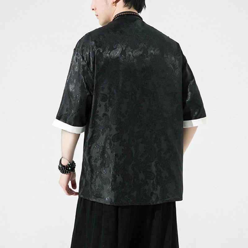 Buddha Stones Summer Cashew Flowers Pattern Men's Frog-Button Half Sleeve Shirts