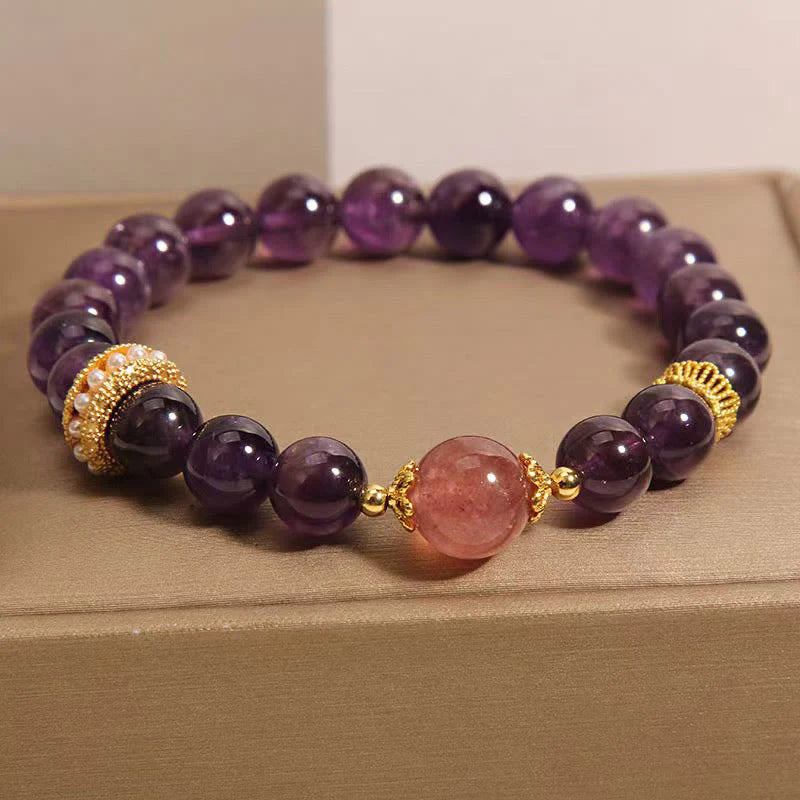 Buddha Stones Natural Amethyst Lucky Strawberry Quartz Beads Peace Bracelet