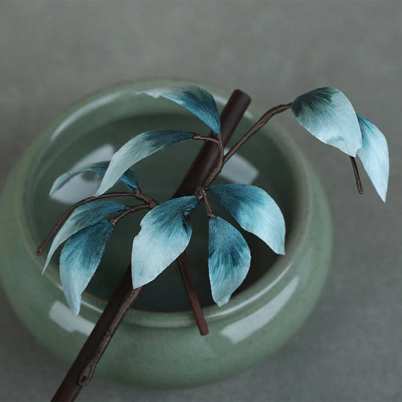 Buddha Stones Handmade Velvet Flower Bamboo Leaf Soft Hairpin