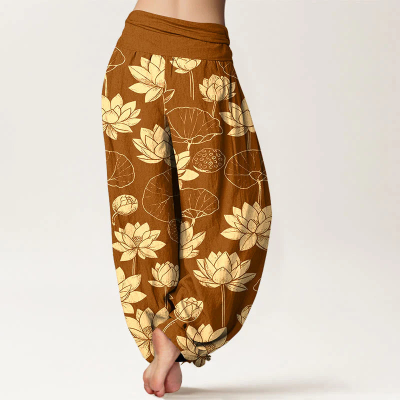Buddha Stones Cotton Lotus Flowers Leaves Pods Pattern Women's Elastic Waist Harem Pants