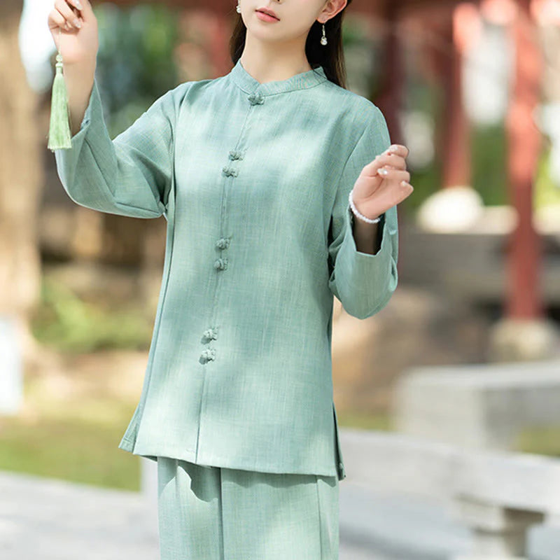 Buddha Stones 2Pcs Chinese Frog-Button Long Sleeve Shirt Top Pants Meditation Zen Tai Chi Cotton Clothing Women's Set