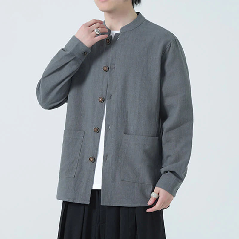 Buddha Stones Men's Button Ramie Linen Cotton Fleece Lined Jacket Shirt With Pockets