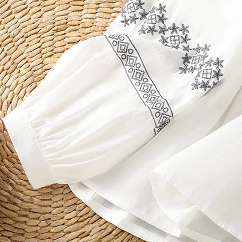 Buddha Stones Embroidery Pleated Buttons Long Lantern Sleeve Women's Cotton Shirt