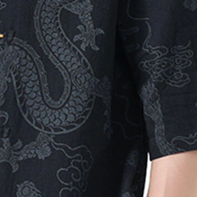 Buddha Stones Summer Dragon Auspicious Clouds Pattern Tang Suit Men's Frog-Button Half Sleeve Cotton Shirt