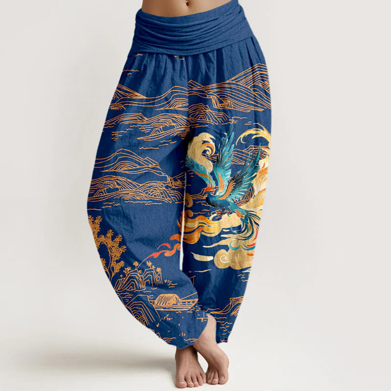 Buddha Stones Phoenix Mountains Landscape Pattern Women's Elastic Waist Harem Pure Cotton Pants