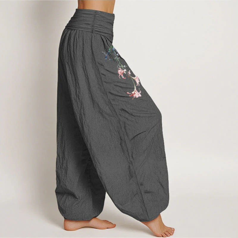 Buddha Stones Pure Cotton Simple Pastel Flower Pattern Women's Elastic Waist Harem Pants