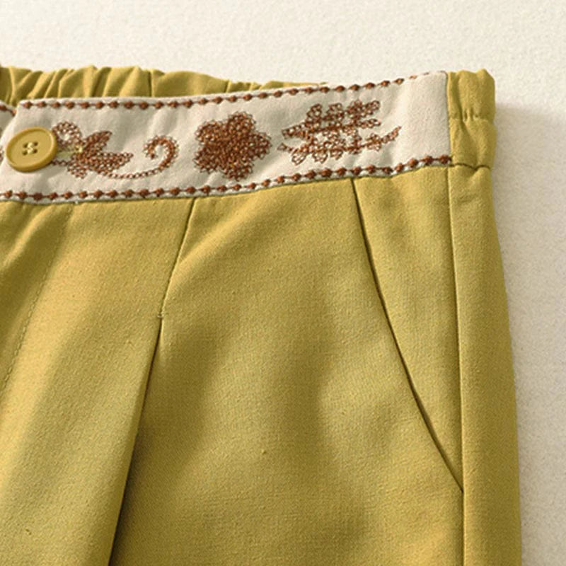 Buddha Stones Women's Embroidery Elastic Waistband Zipper Design Cotton Wide Leg Pants With Pockets