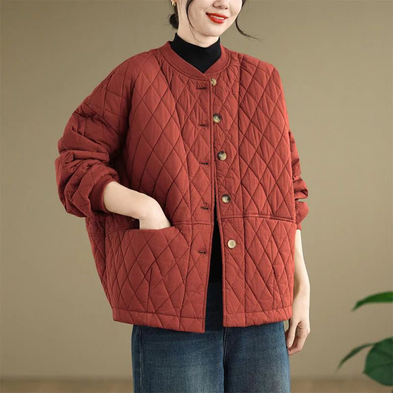 Buddha Stones Diamond Grid Pattern Women's Long Sleeve Cotton Thickened Jacket With Pockets