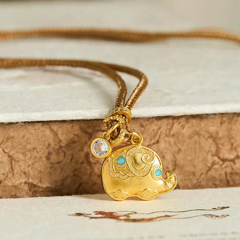 Buddha Stones 24k Gold Plated Brass Elephant Symbol Braided Cord Strength Necklace Pendant