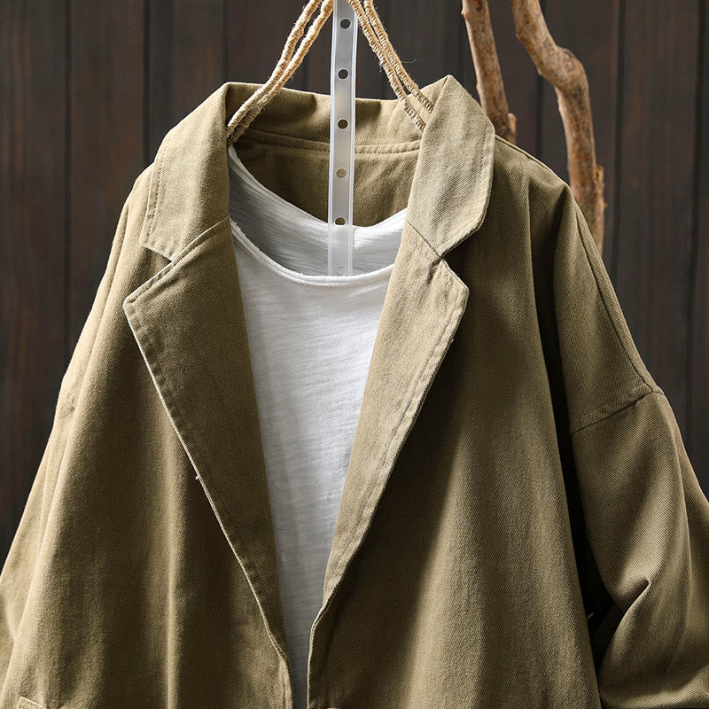 Buddha Stones Spring Fall Buttons Lapel Collar Long Sleeve Mid-length Cotton Women's Jacket With Pockets