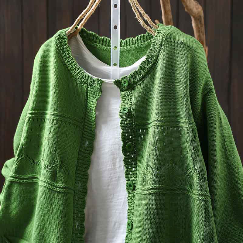 Buddha Stones Fall Lace Buttons Cotton Women's Long Sleeve Knitted Cardigan Sweater With Pockets