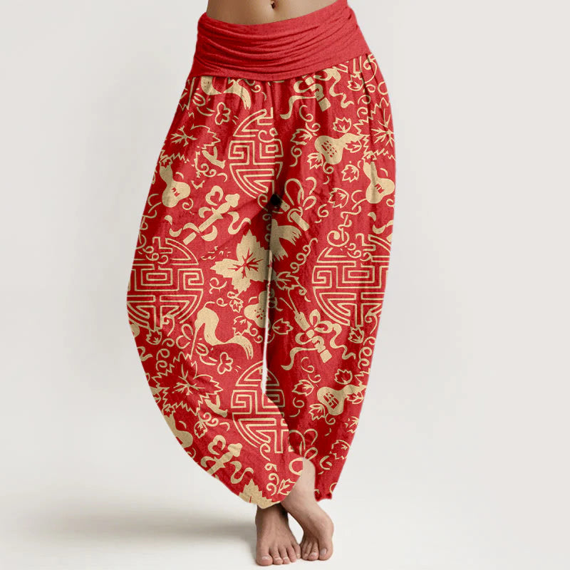 Buddha Stones Pure Cotton Chinese Character Gourd Auspicious Pattern Women's Elastic Waist Harem Pants