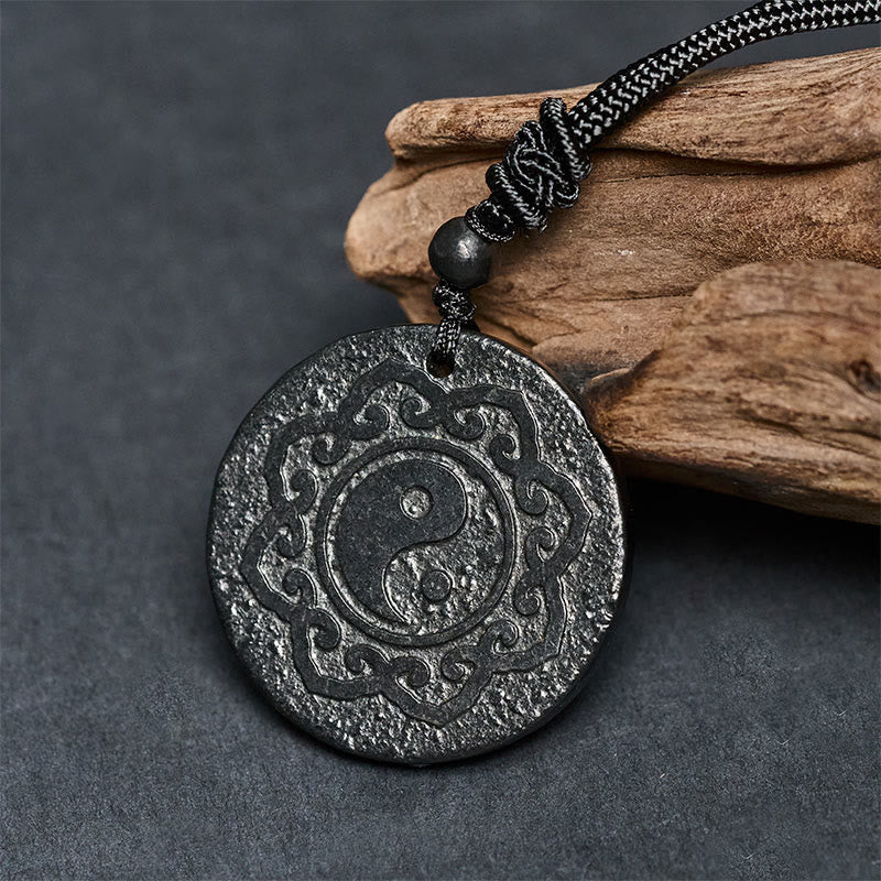 Buddha Stones Tai Chi Yin Yang Symbol Authentic Shungite Stone Inner Strength Necklace Pendant