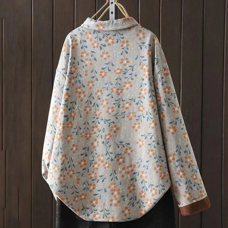 Buddha Stones Winter Flower Green Leaves Frog-Button Stand Collar Long Sleeve Women's Cotton Shirt