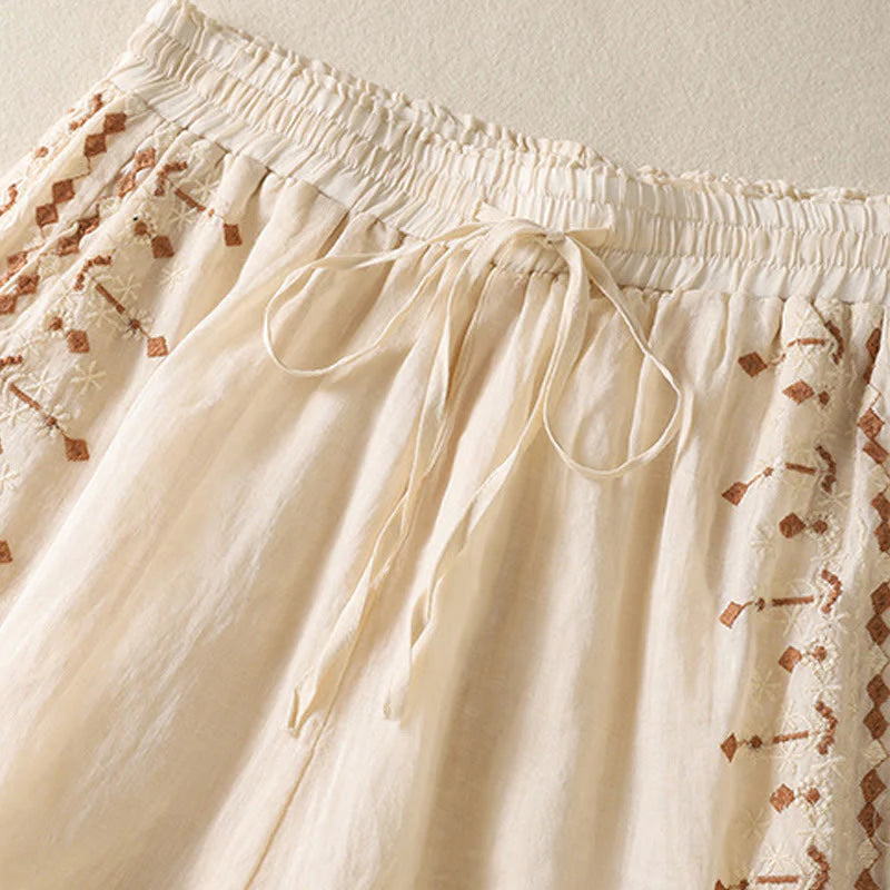 Buddha Stones Ethnic Embroidery Drawstring Cotton Linen Women's High Waist Wide Leg Pants With Pockets