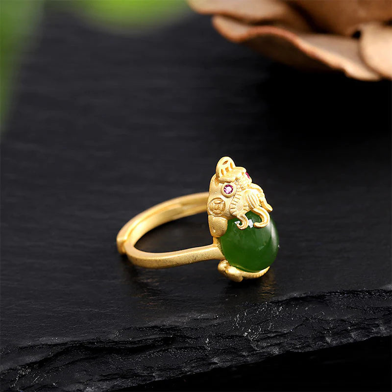 Buddha Stones 18k Gold-plated Pixiu Jade Wealth Ring (Extra 35% Off | USE CODE: FS35)