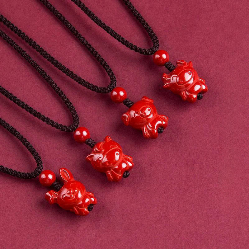 Buddha Stones Year Of The Horse Chinese Zodiac Engraved Design Cinnabar Blessing Rope Necklace Pendants