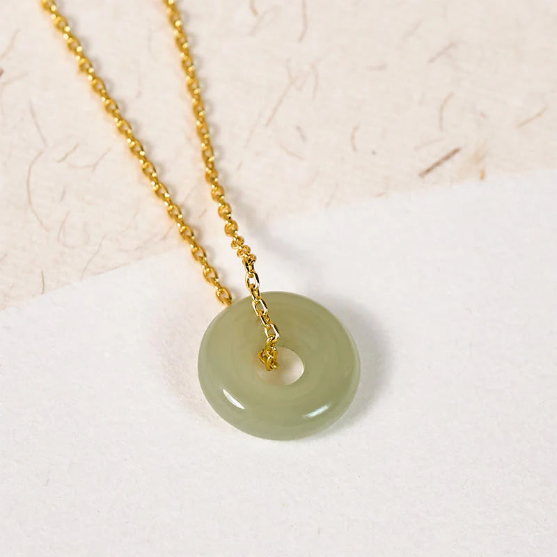 Buddha Stones Natural Green Jade Peace Buckle Prosperity Necklace Pendant