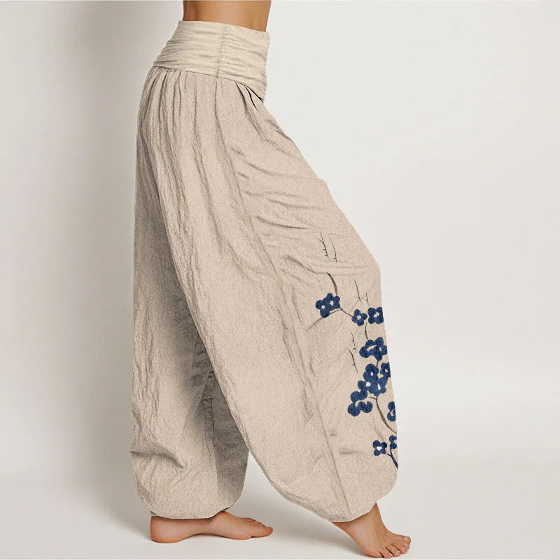 Buddha Stones Cotton Plum Bossom Calligraphy Pattern Women's Elastic Waist Harem Pants