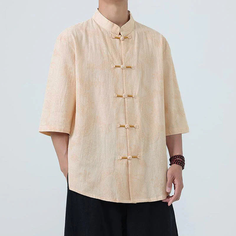 Buddha Stones Summer Dragon Auspicious Clouds Pattern Tang Suit Men's Frog-Button Half Sleeve Cotton Shirt