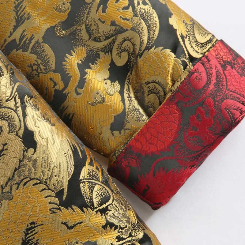 Buddha Stones Winter Dragon Jacquard Warm Frog-Button Long Sleeve Men's Jacket With Pockets