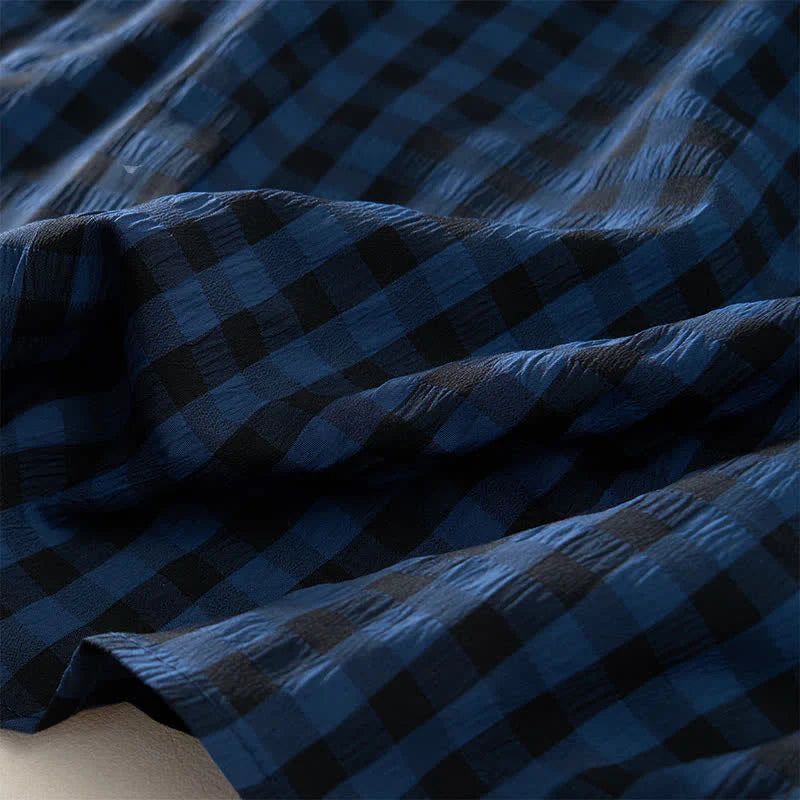 Buddha Stones Summer MidnightBlue Checked  A-line Pleated Crew Neck Knee Length Women's Short Sleeve Dress