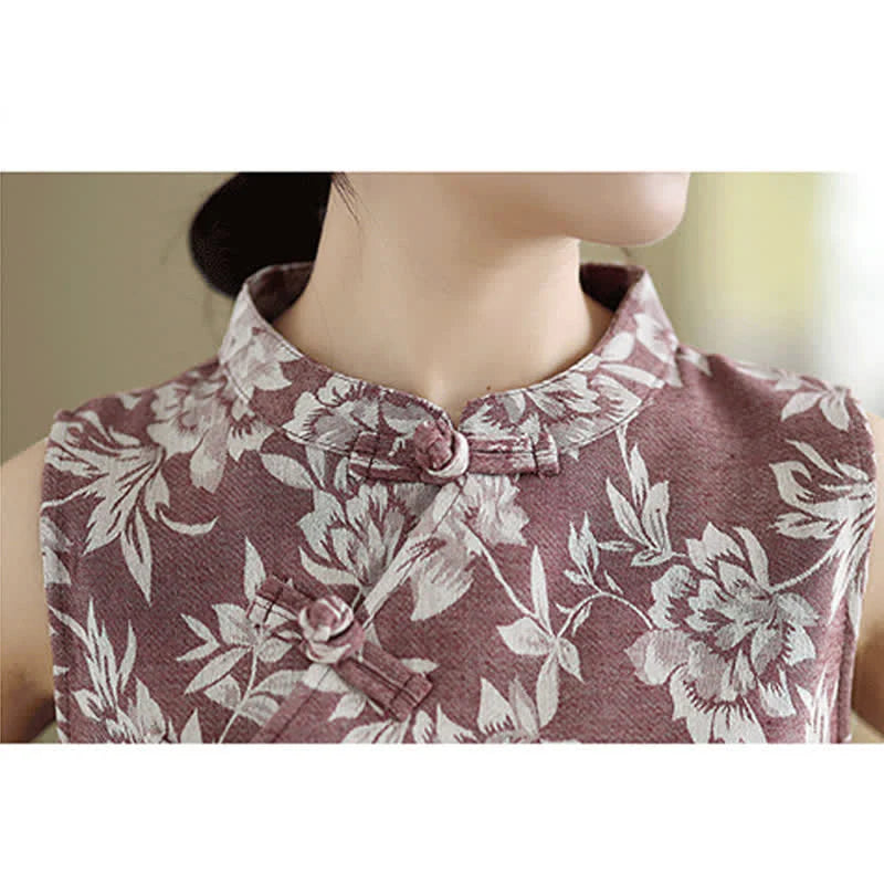 Buddha Stones Frog-button Mandarin Collar Floral Pattern Sleeveless Cotton Mini Dress With Pockets