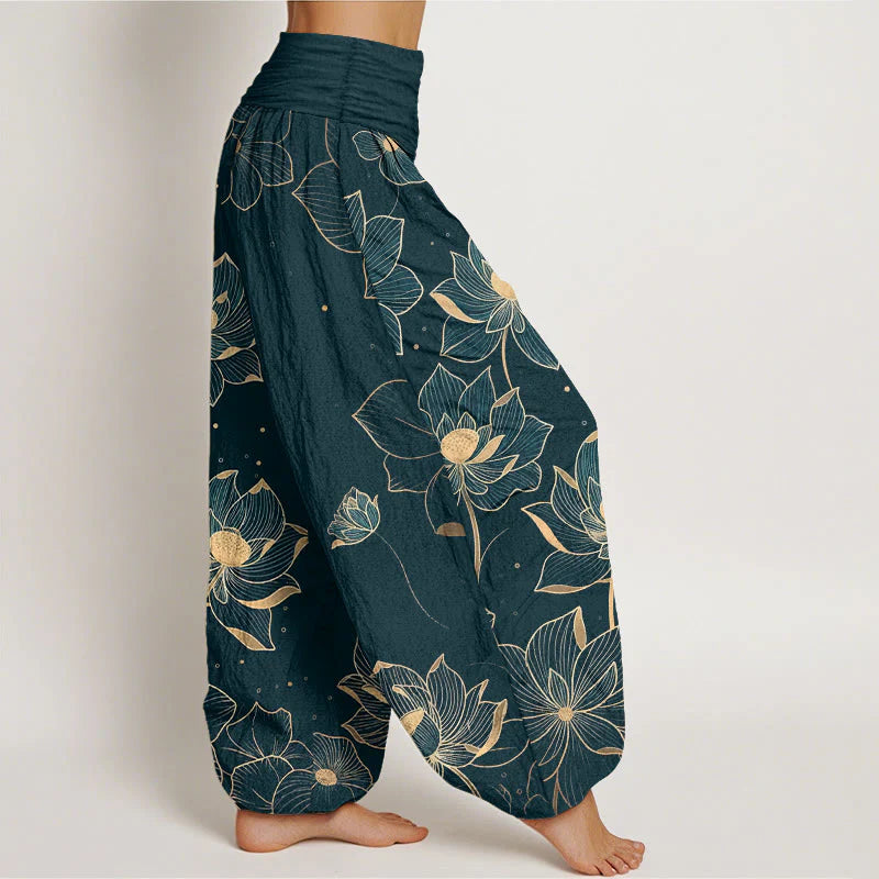 Buddha Stones Pure Cotton Delicate Lotus Pattern Women's Elastic Waist Harem Pants
