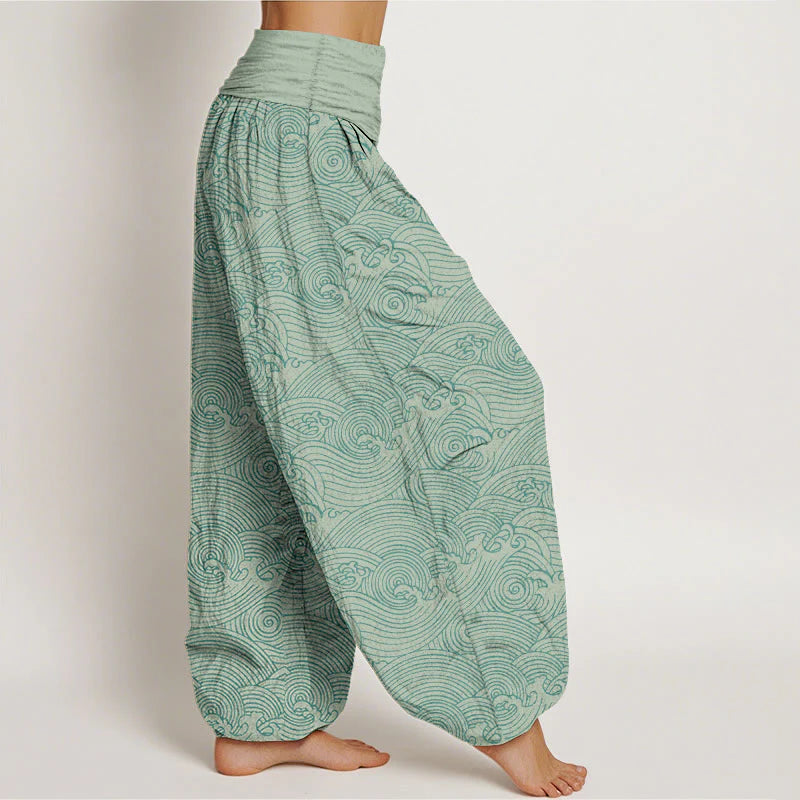Buddha Stones Pure Cotton Fu Character Ocean Waves Women's Elastic Waist Harem Pants