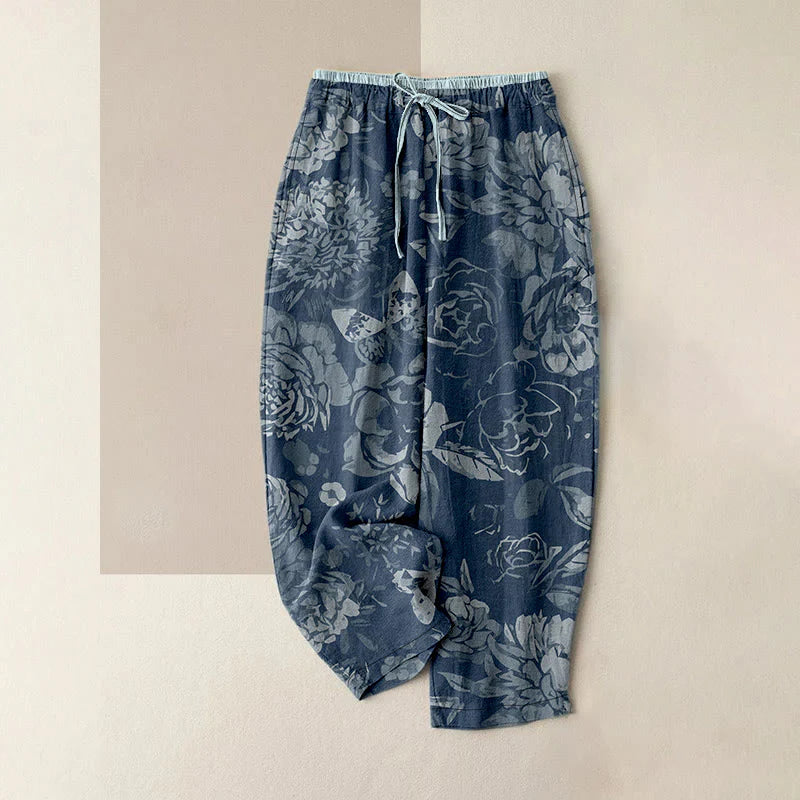 Buddha Stones Cotton Casual Peony Flowers Leaves Pattern Women's Elastic Waist Pants With Pockets