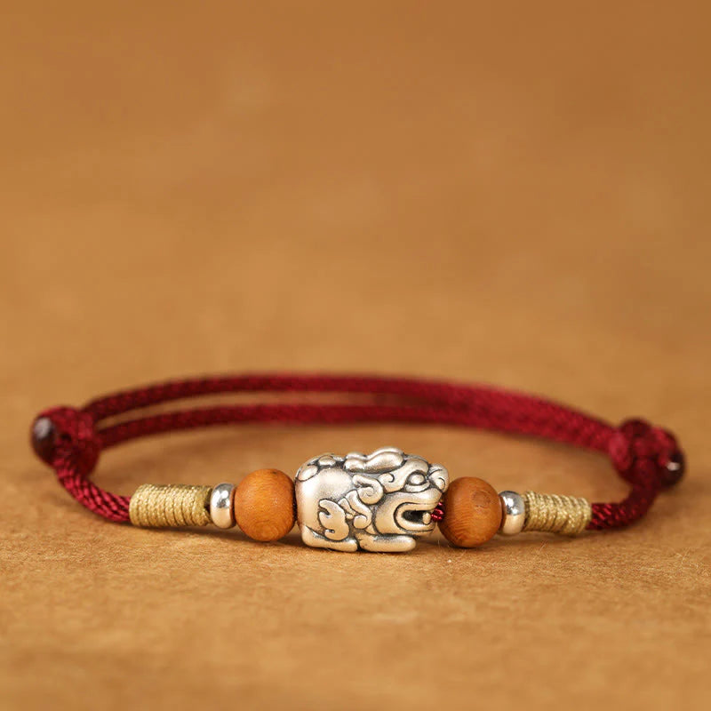 Buddha Stones 999 Sterling Silver Pixiu Charm Peach Wood Bead Handmade String Braided Luck Bracelet Anklet