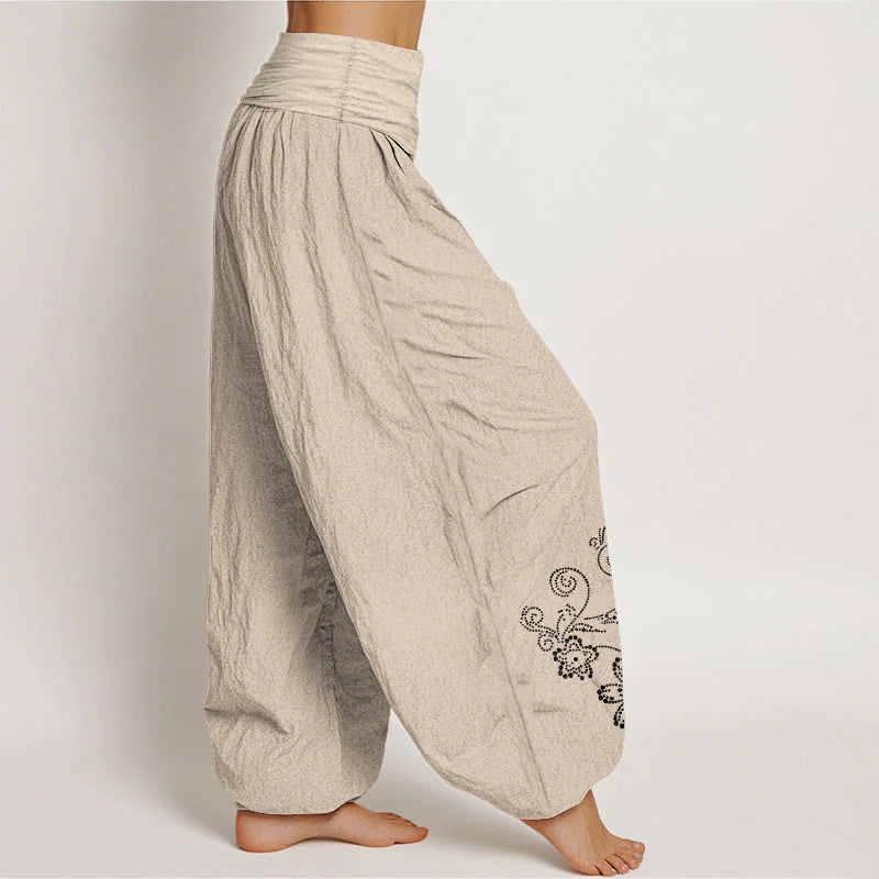Buddha Stones Pure Cotton Composed Of Dots Vine Flower Pattern Women's Elastic Waist Harem Pants