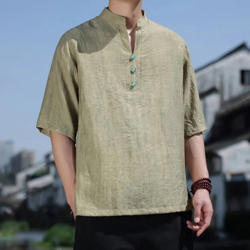 Buddha Stones Summer Dai Ethnic Short Sleeve Men's Notched Collar Button T-Shirt
