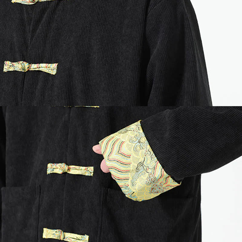 Buddha Stones Floral Design Long Sleeve Men's Cotton Corduroy Tang Suit Jacket With Pockets