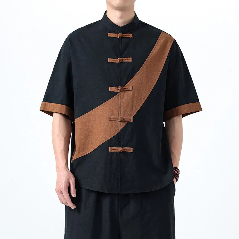 Buddha Stones Spring Color Contrast Chinese Frog-Button Design Men's Half Sleeve Cotton Linen Shirt