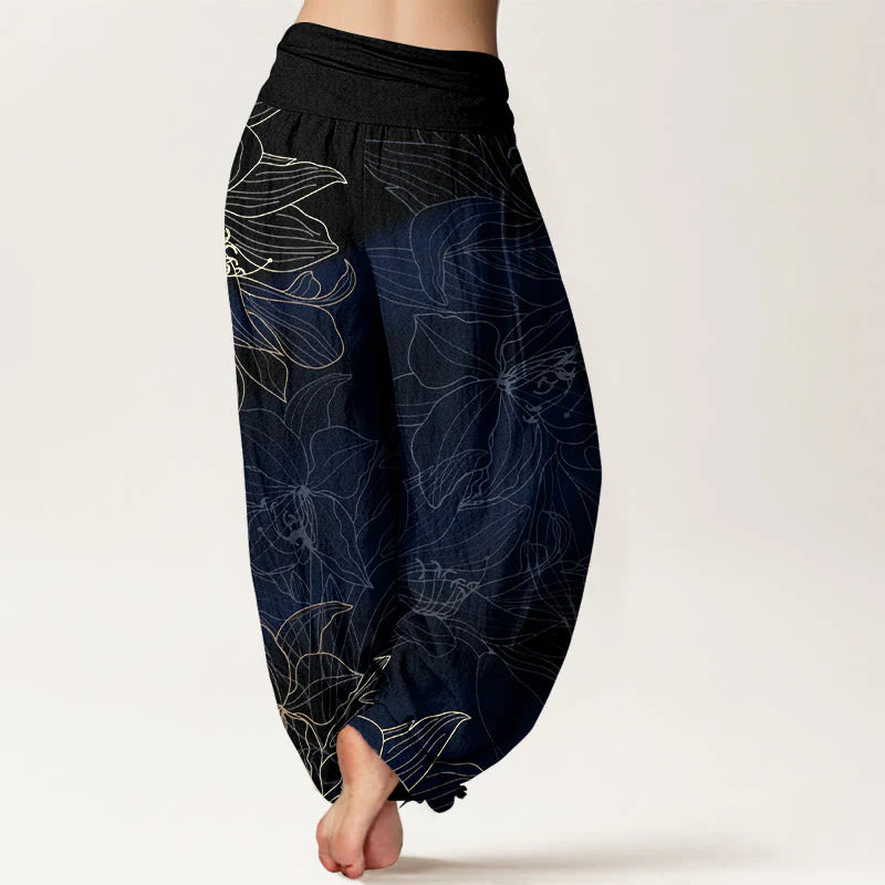 Buddha Stones Pure Cotton Minimalist Style Flower Pattern Women's Elastic Waist Harem Pants