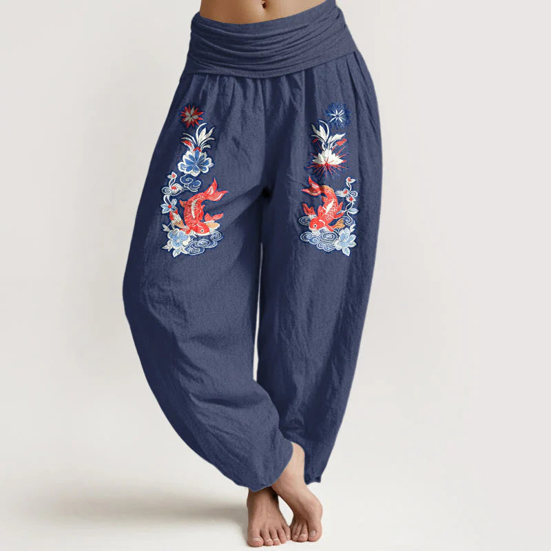 Buddha Stones Pure Cotton Striking Koi Fish Flower Pattern Women's Elastic Waist Harem Pants