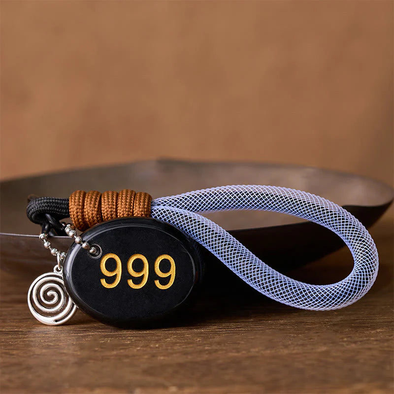 Buddha Stones Wishing Closure and New Beginnings 999 Angel Number Natural Black Obsidian Key Chain Hanging Decoration Includes Gift Message Card