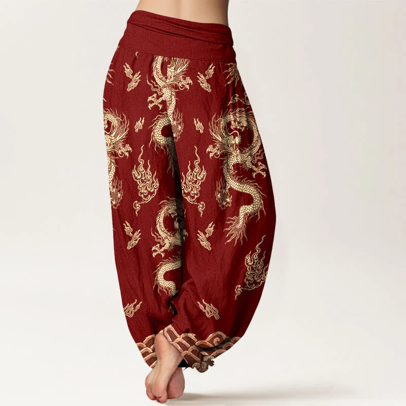 Buddha Stones Pure Cotton Dragon And Cloud Pattern Women's Elastic Waist Harem Pants