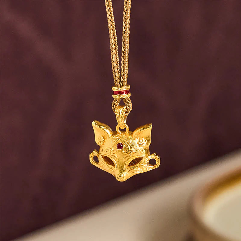 Buddha Stones 24k Gold Plated Brass Fox Charm Texture Rope Necklace Pendant