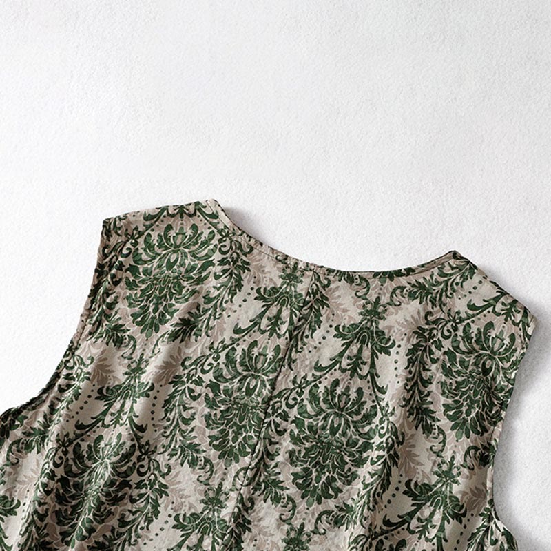 Buddha Stones Commute Summer Printing Simple Design Crew Neck Sleeveless Maxi Dress