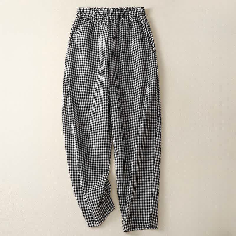Buddha Stones Summer Plaid Elastic Waist Cropped Women's Tapered Pants With Pockets