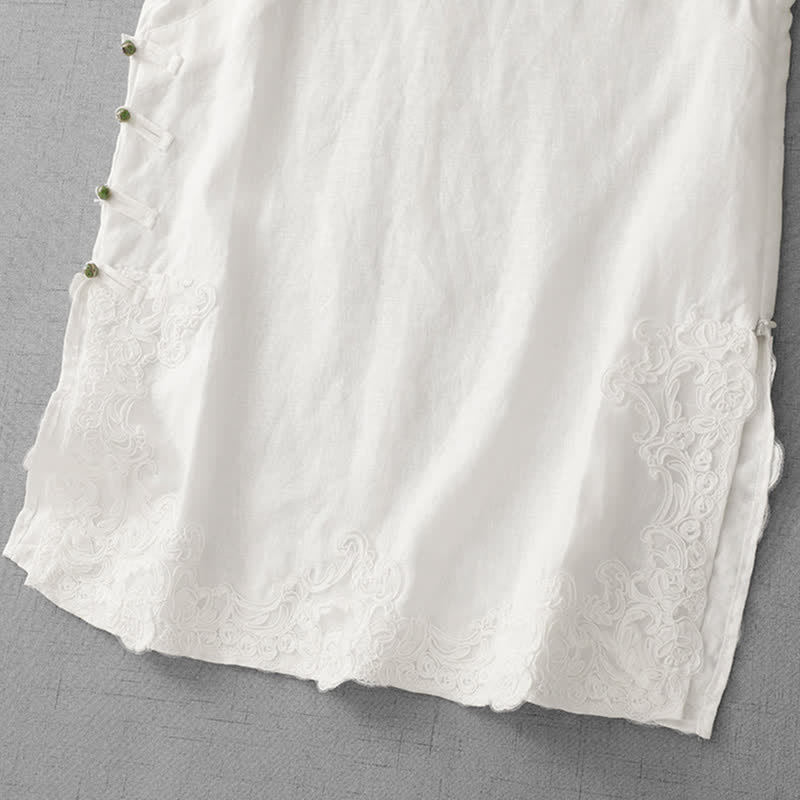 Buddha Stones Chinese Frog-Button Lace Patchwork Design Stand Collar Women's Cotton Sleeveless Vest