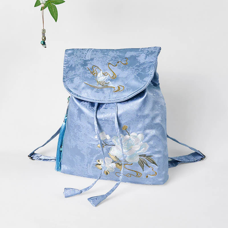 Buddha Stones Handmade Blue Camellia Embroidered Large Capacity Polyester Cotton Backpack