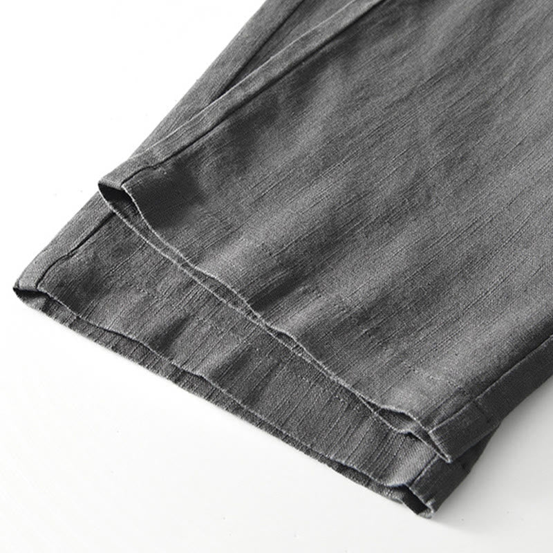 Buddha Stones Fall Solid Drawstring Zipper Men's Linen Wide Leg Pants With Pockets