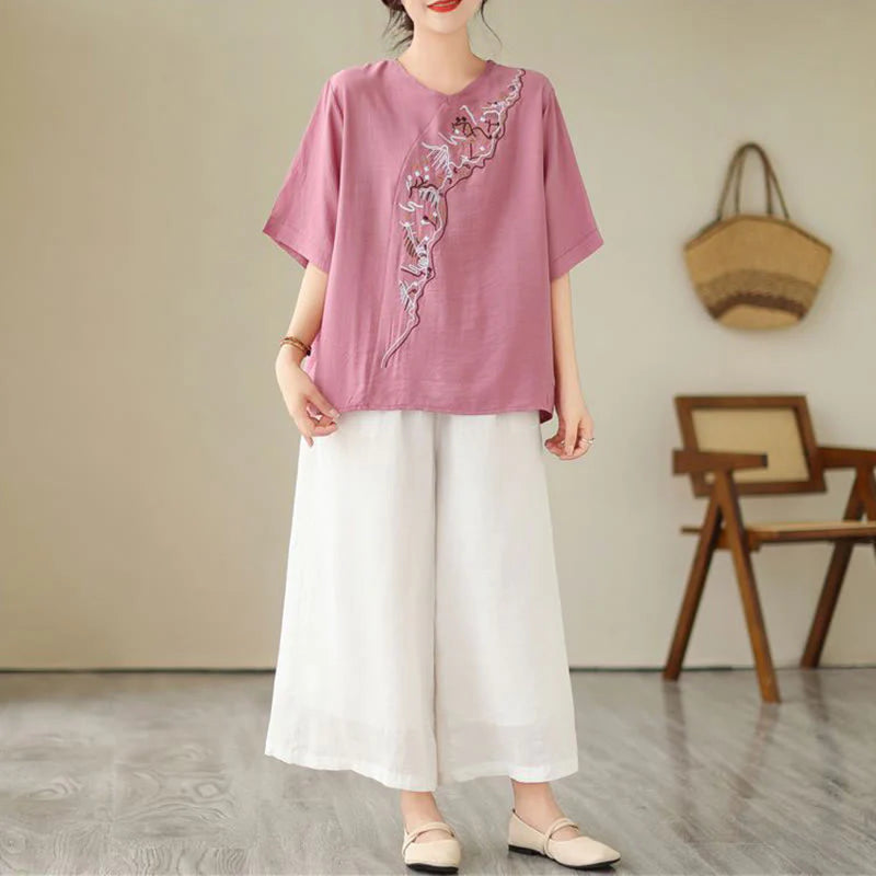 Buddha Stones Ethnic Casual Embroidered Geometry Pattern Women's Crew Neck Design Half Sleeve T-Shirt