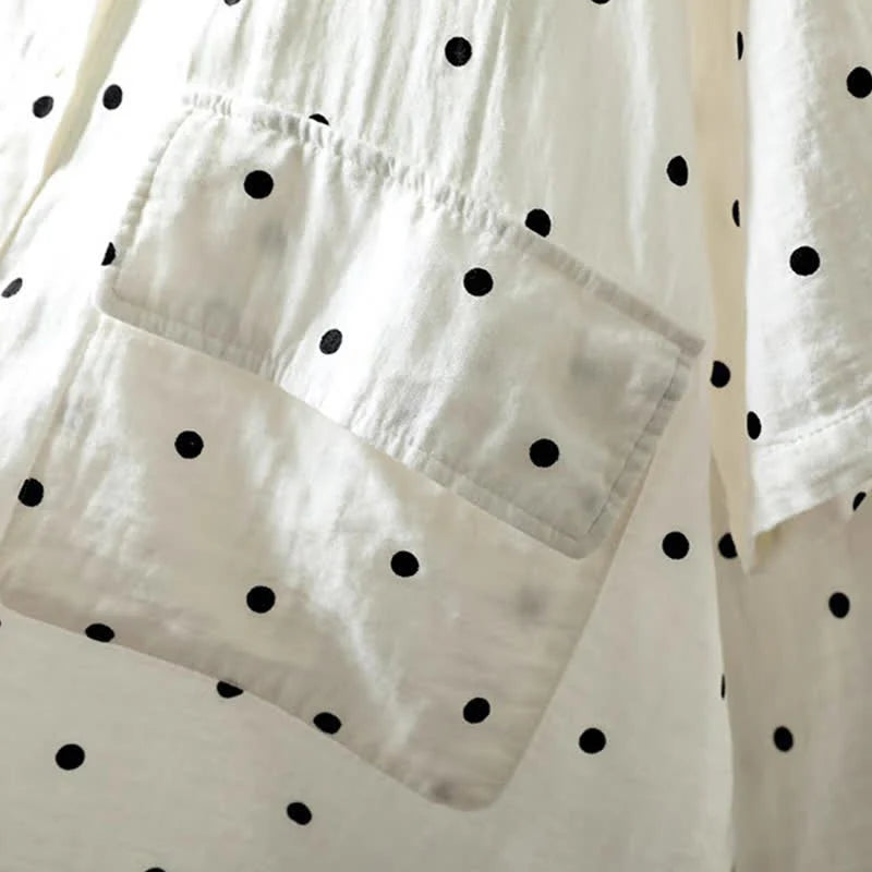 Buddha Stones Women's Commute Short Sleeve Polka Dot Lapel Cotton Shirt With Pockets