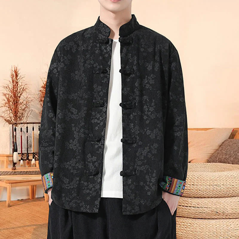 Buddha Stones Plain Plum Blossom Pattern Long Sleeve Men's Cotton Corduroy Tang Suit Jacket